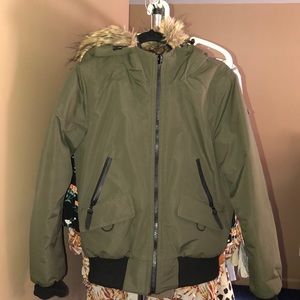 Reversible Olive Green Winter Jacket with Fur Hood